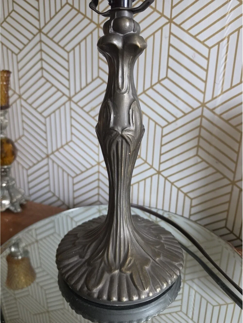 Vintage Bronzed Metal Tiffany Style Lily Pad Lamp Art Nouveau w Fringed Shade